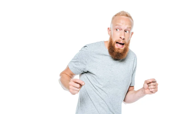 Bel Homme Barbu Effrayé Shirt Gris Isolé Sur Blanc — Photo