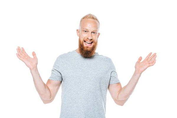 Hombre Barbudo Feliz Con Gesto Encogimiento Aislado Blanco —  Fotos de Stock