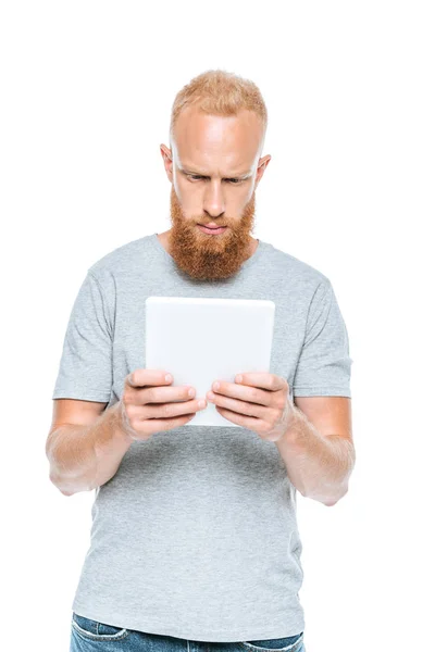 Serious Bearded Man Using Digital Tablet Isolated White — Stock Photo, Image