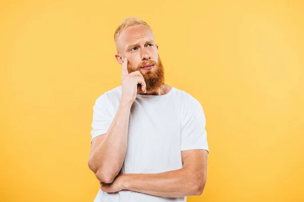Portrait Thoughtful Handsome Bearded Man Isolated Yellow — Stock Photo, Image