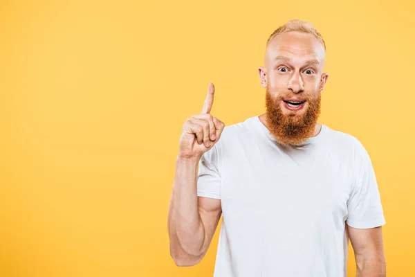 Portrait Excited Bearded Man Pointing Idea Isolated Yellow — Stock Photo, Image