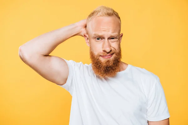 Portrait Handsome Confused Bearded Man Isolated Yellow — Stock Photo, Image