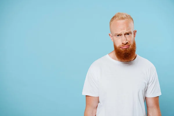 Portrait Upset Bearded Man White Shirt Isolated Blue — Stock Photo, Image