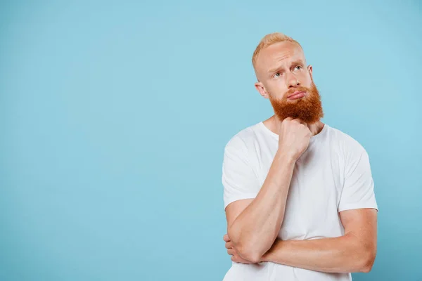 Portrait Handsome Sad Bearded Man Thinking Isolated Blue — Stock Photo, Image