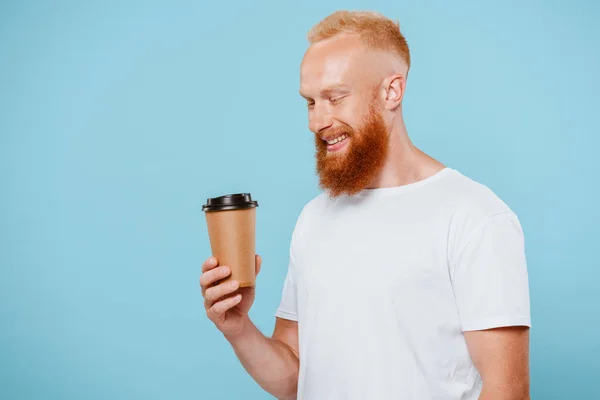 Cheerful Bearded Man Shirt Looking Coffee Isolated Blue — Stock Photo, Image