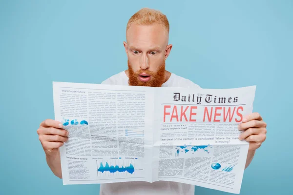Shocked Bearded Man Reading Newspaper Fake News Isolated Blue — Stock Photo, Image
