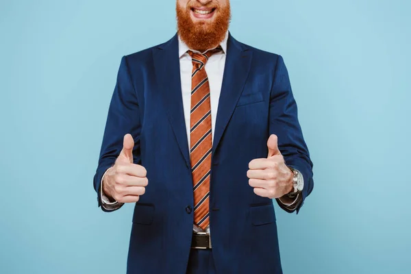 Cropped View Smiling Businessman Suit Showing Thumbs Isolated Blue — Stock Photo, Image
