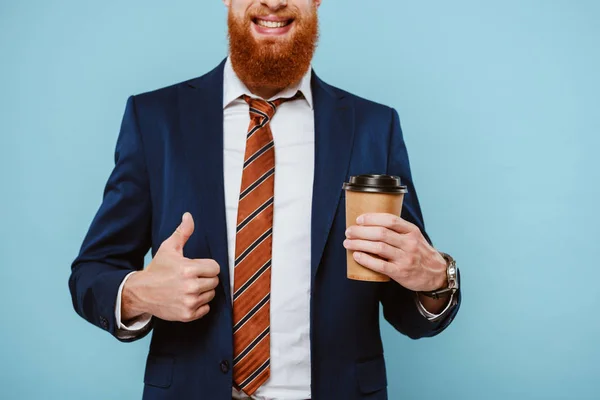 Cropped View Businessman Suit Holding Coffee Showing Thumb Isolated Blue — Stock Photo, Image