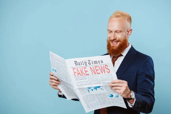 Cheerful Bearded Businessman Reading Newspaper Fake News Isolated Blue — Stock Photo, Image