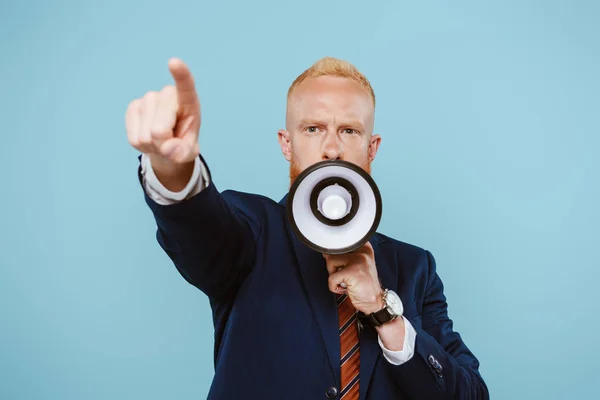 Angry Bearded Businessman Pointing Shouting Megaphone Isolated Blue — Stock Photo, Image