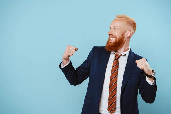 Cheerful Bearded Businessman Suit Celebrating Isolated Blue — Stock Photo, Image