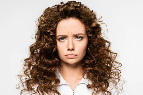 Attractive Upset Curly Girl White Shirt Isolated White — Stock Photo, Image