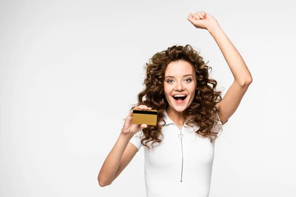 Beautiful Excited Girl Holding Credit Card Isolated White — Stock Photo, Image