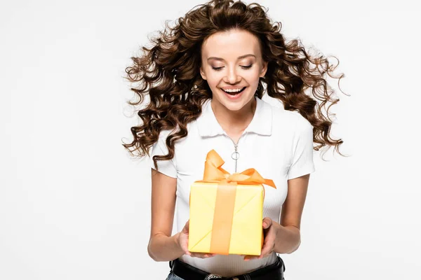 Attractive Excited Girl Holding Gift Isolated White — Stock Photo, Image