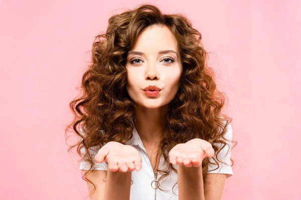 Beautiful Happy Curly Girl Blowing Air Kiss Isolated Pink — Stock Photo, Image