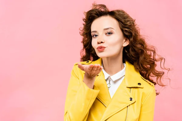 Happy Girl Yellow Leather Jacket Blowing Air Kiss Isolated Pink — Stock Photo, Image
