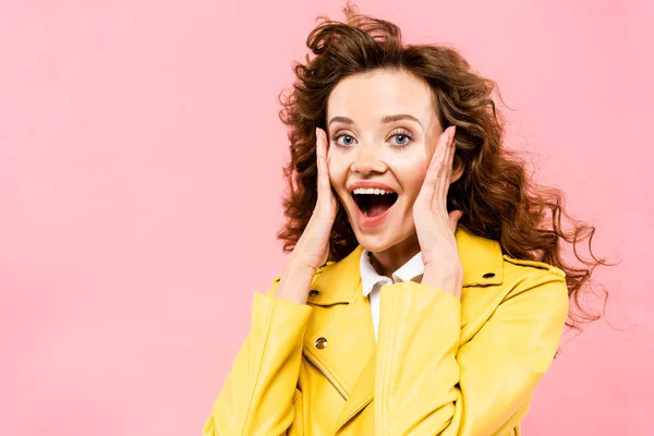 Excited Curly Girl Yellow Leather Jacket Isolated Pink — Stock Photo, Image