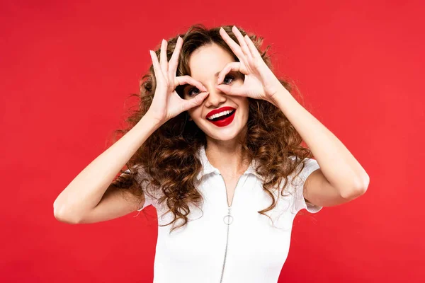 Funny Curly Girl Making Eyeglasses Hands Isolated Red — Stock Photo, Image