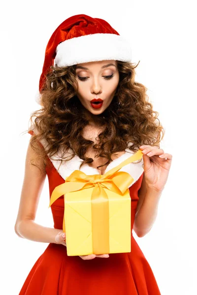 Attractive Surprised Girl Santa Costume Holding Christmas Present Isolated White — Stock Photo, Image