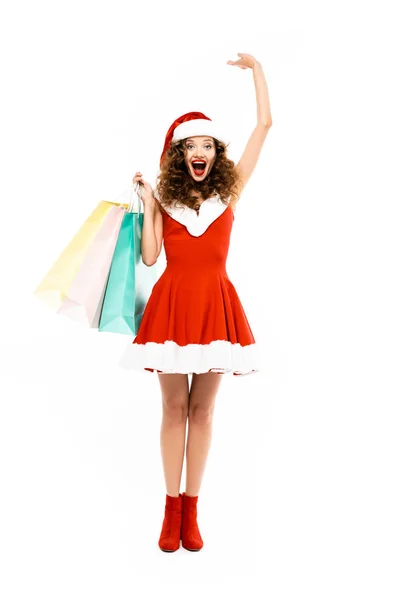 Hermosa Mujer Excitada Traje Santa Posando Con Bolsas Compras Aislado — Foto de Stock