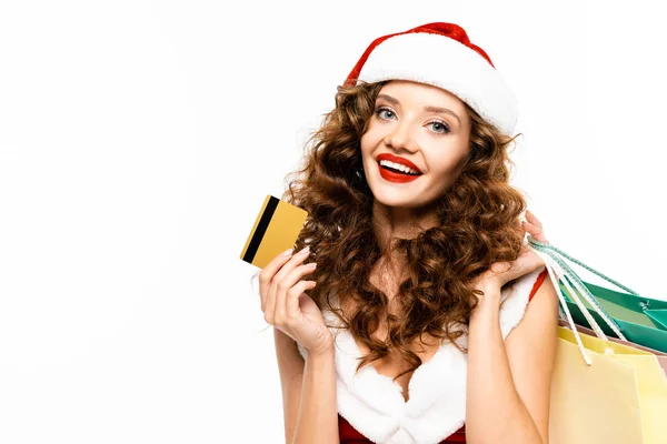 Schöne Frau Mit Weihnachtsmannmütze Und Kreditkarte Isoliert Auf Weiß — Stockfoto
