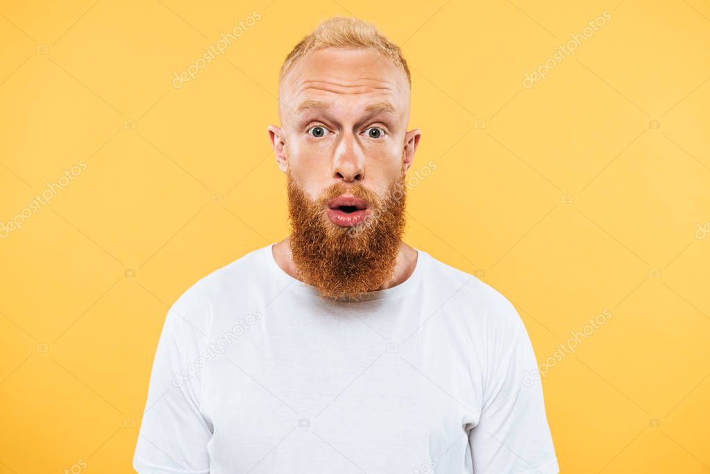 portrait of surprised handsome bearded man looking at camera, isolated on yellow