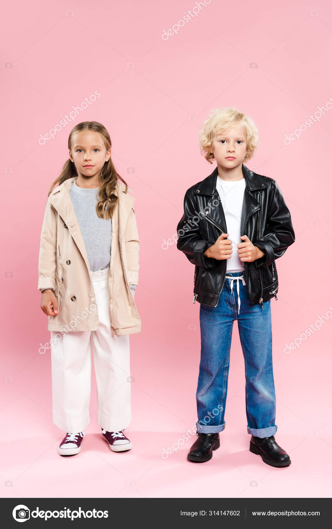 Kids Coat Leather Jacket Looking Camera Pink Background Stock Photo IgorVetushko 314147602