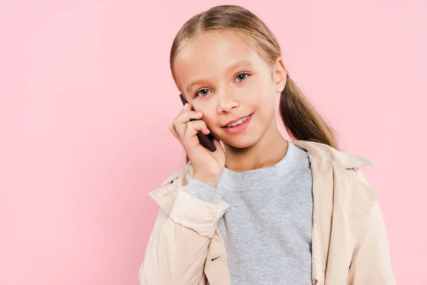 Smiling Cute Kid Talking Smartphone Isolated Pink — Stock Photo, Image