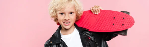 Panoramic Shot Smiling Cute Kid Holding Penny Board Isolated Pink — Stock Photo, Image