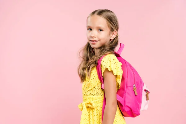 Smiling Schoolgirl Backpack Looking Camera Isolated Pink — Stock Photo, Image