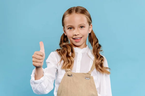 Smiling Cute Kid Looking Camera Showing Isolated Blue — Stock Photo, Image