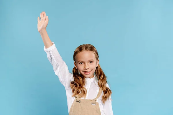 Smiling Cute Kid Outstretched Hand Looking Camera Isolated Blue — Stock Photo, Image