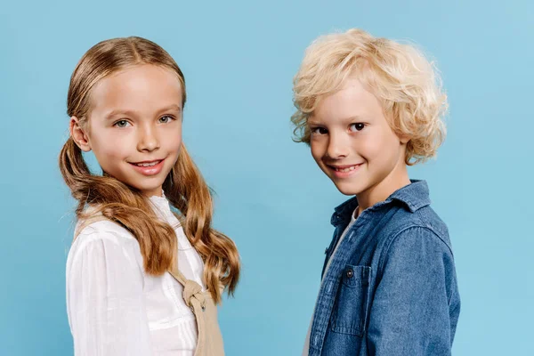 Smiling Cute Kids Looking Camera Isolated Blue — Stock Photo, Image