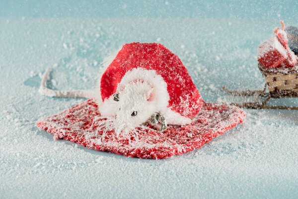 rat in costume and wicker sled with gift boxes in New Year 