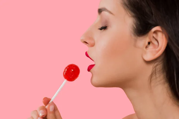 Side View Attractive Woman Closed Eyes Holding Sweet Lollipop Isolated — Stock Photo, Image
