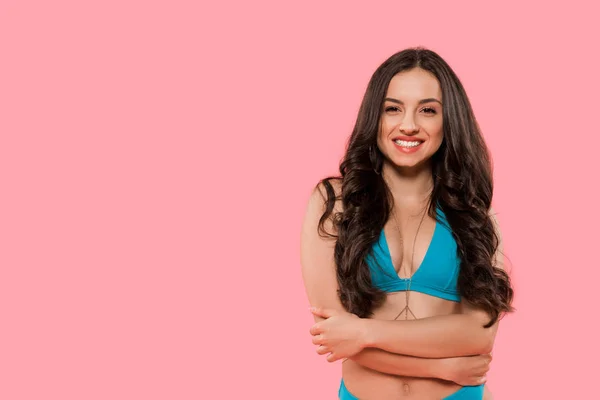 Joven Feliz Mujer Sonriendo Aislado Rosa — Foto de Stock