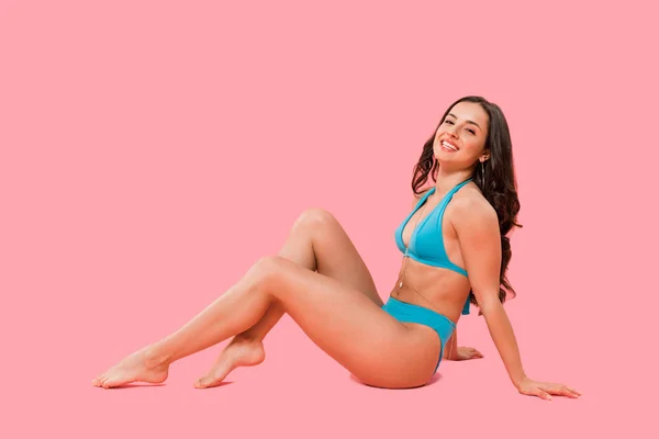 Happy Woman Swimsuit Sitting Isolated Pink — Stock Photo, Image