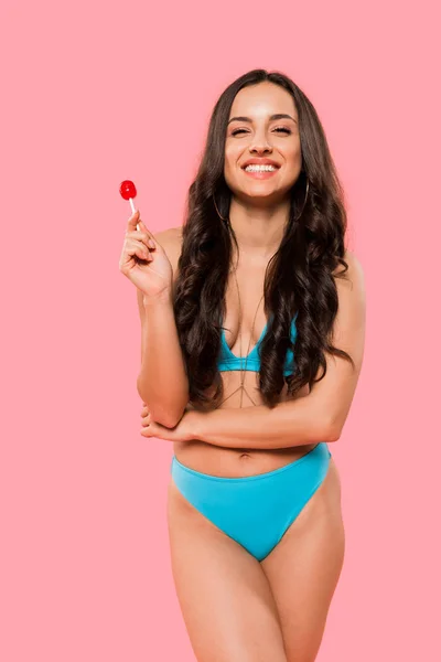 Cheerful Girl Swimsuit Holding Lollipop Isolated Pink — Stock Photo, Image