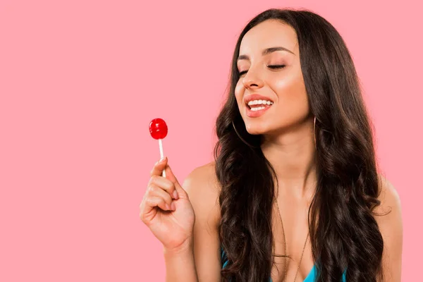 Attractive Girl Looking Sweet Lollipop Isolated Pink — Stock Photo, Image