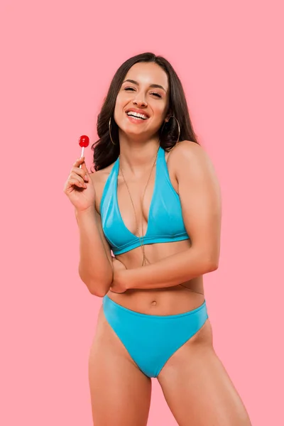 Happy Woman Swimsuit Holding Sweet Lollipop Isolated Pink — ストック写真