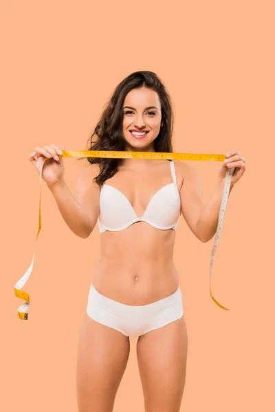 Happy Woman Underwear Holding Measuring Tape Isolated Beige — Stock Photo, Image