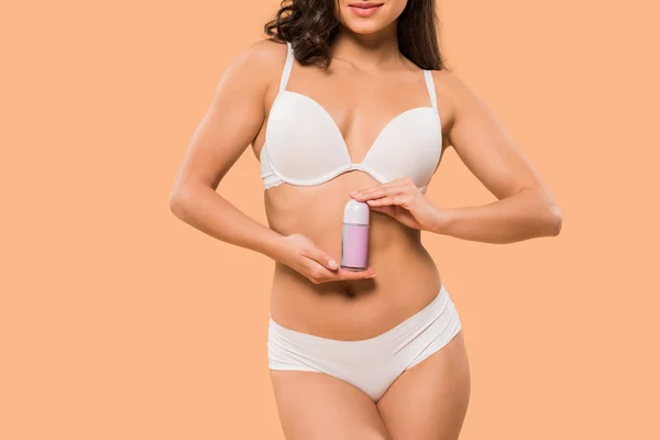 Cropped View Woman Holding Deodorant Roll Isolated Beige — Stock Photo, Image