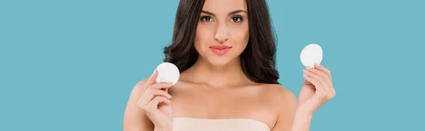 Panoramic Shot Attractive Woman Holding Cotton Pads Isolated Blue — Stock Photo, Image