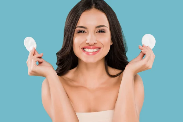 Happy Woman Holding Cotton Pads Isolated Blue — ストック写真