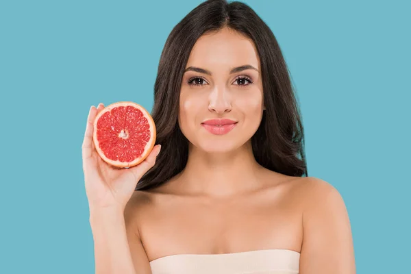 Happy Woman Holding Half Grapefruit Isolated Blue — Stock Photo, Image