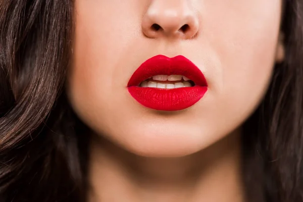 Beskärd Utsikt Över Ung Kvinna Med Röda Läppar — Stockfoto