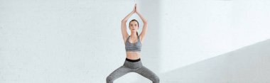 Spor kıyafetli genç bir kadının tanrıça pozunda dua eden ellerle yoga yaptığı panoramik bir fotoğraf.
