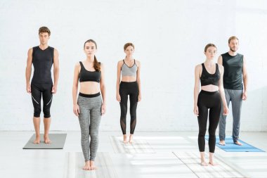 Dağda yoga yapan beş genç insan.