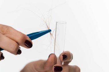 Beyaz üzerinde izole edilmiş test tüpünün yanında saç örneği tutan bir kadın görüntüsü. 