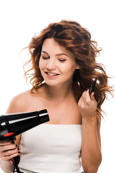 Happy Girl Using Hair Dryer While Brushing Hair Isolated White — Stock Photo, Image